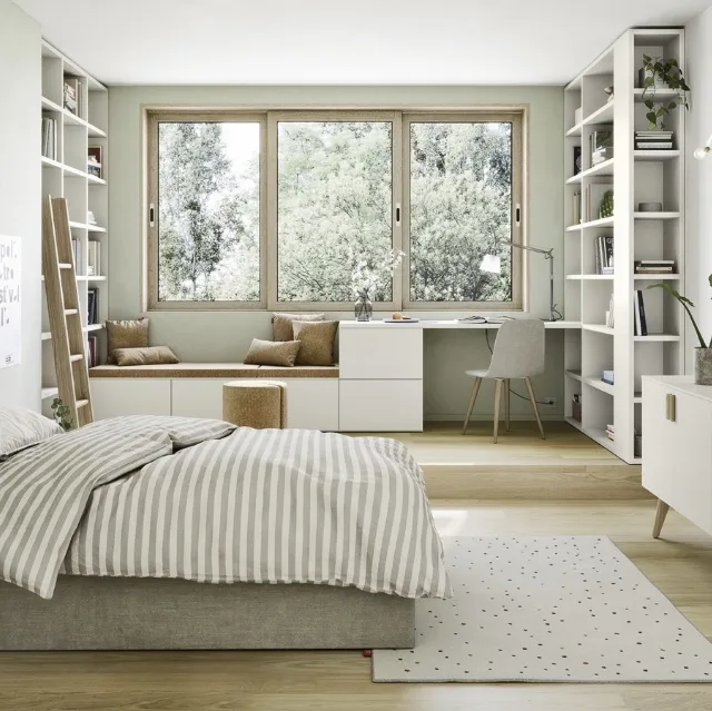 Cameretta in laccato opaco con 2 ampie librerie a muro Next space 01 di Nidi