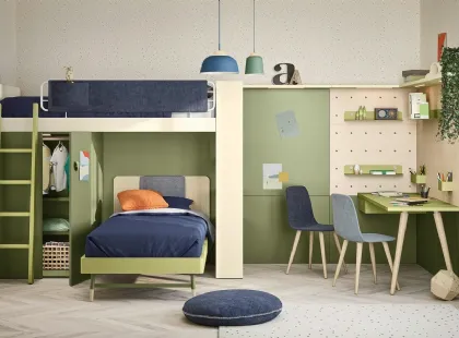 Cameretta a soppalco con scrivania Kids space 11 in melaminico di Nidi