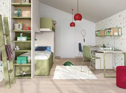 Cameretta in laccato opaco color luna e pistacchio con letti a castello Kids space 17 di Nidi