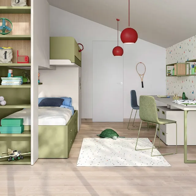 Cameretta in laccato opaco color luna e pistacchio con letti a castello Kids space 17 di Nidi
