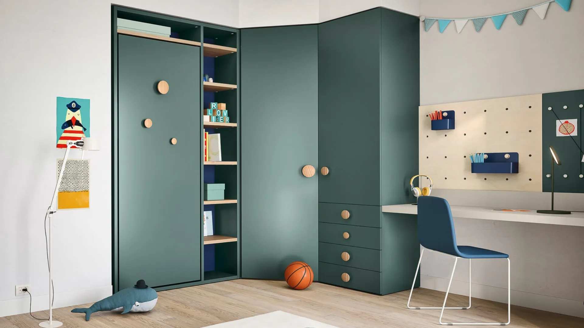 Cameretta in laccato verde pino con letto a ribalta Kids space 28 di Nidi