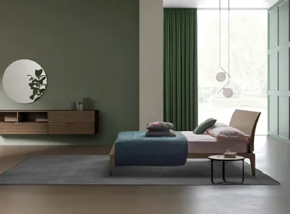 Letto in legno massello di Rovere finitura Tabacco con testiera curva Shark di Devina Nais