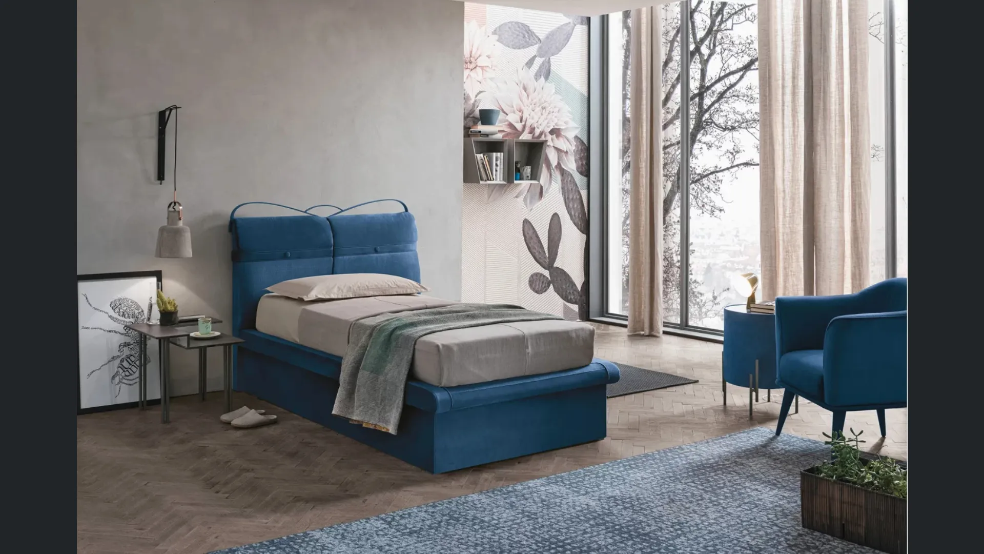 Letto singolo con testiera in tessuto imbottito e contenitore Corfù Plus di Target Point