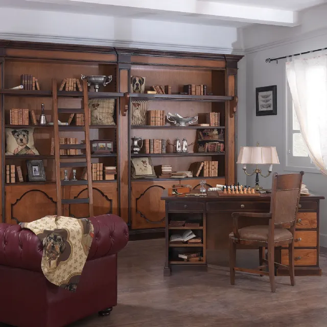 Libreria a muro in legno intarsiato con scala Classico 01 di Salaiolo