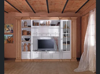 Libreria a muro in legno naturale e laccato bianco con colonna a vetrina Classico 02 di Salaiolo