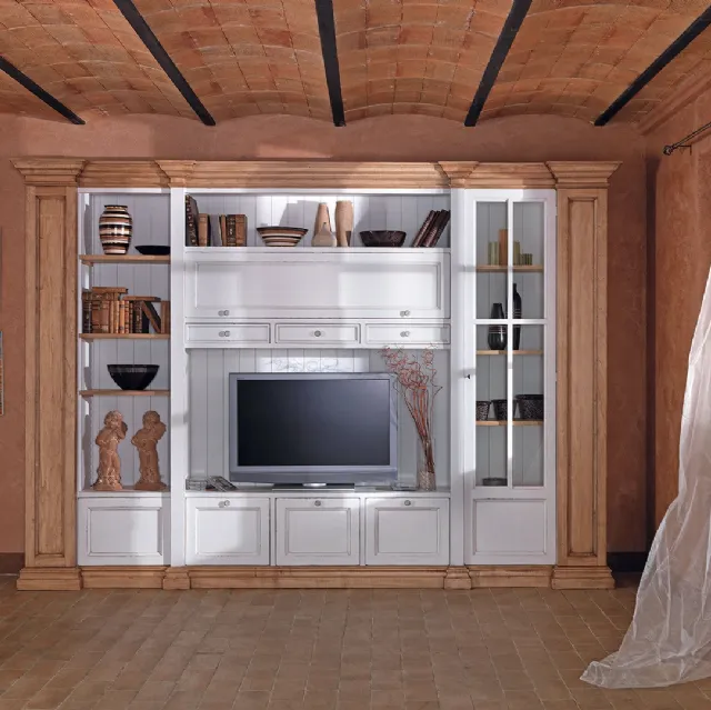 Libreria a muro in legno naturale e laccato bianco con colonna a vetrina Classico 02 di Salaiolo