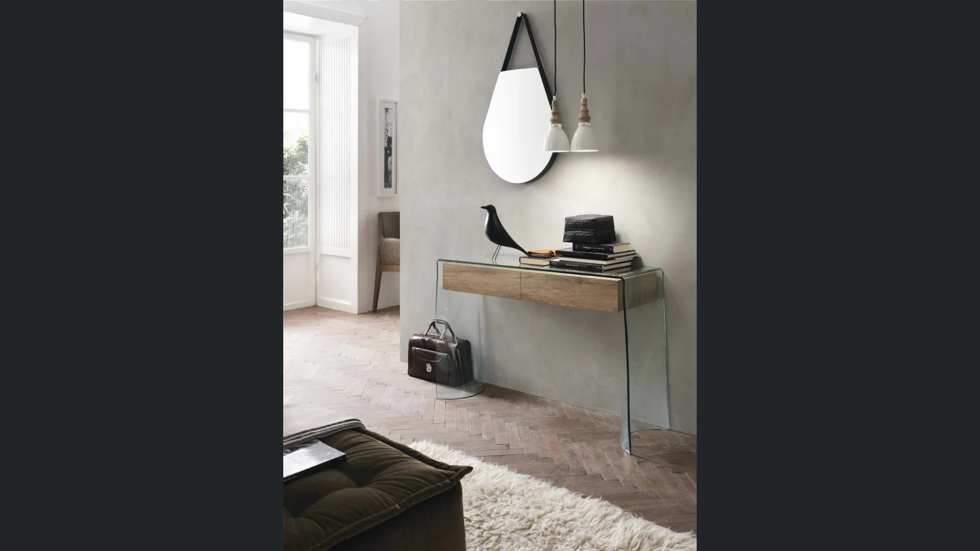 Mobile ingresso consolle Escape in vetro con cassetti in laminato effetto legno di Target Point