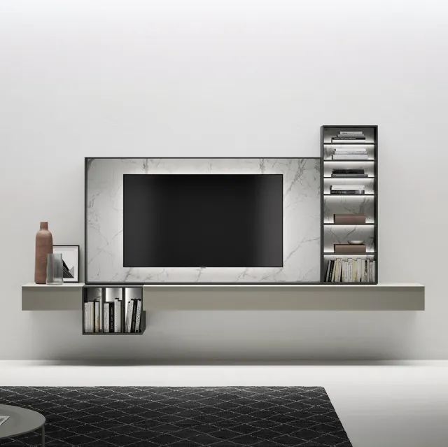Mobile Porta Tv sospeso in laccato opaco con cornice in gres effetto marmo di Caccaro
