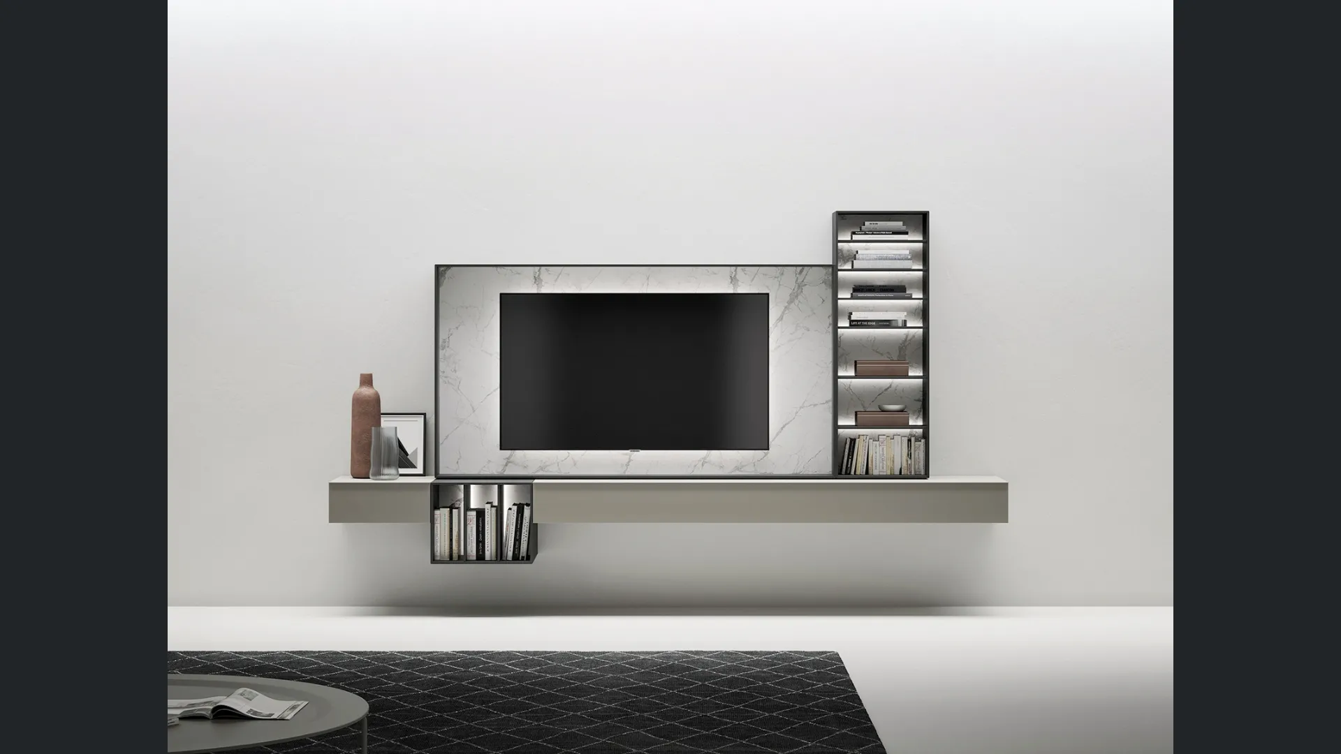 Mobile Porta Tv sospeso in laccato opaco con cornice in gres effetto marmo di Caccaro