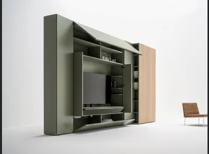 Parete attrezzata in laccato opaco e legno con porta TV Living Roomy di Caccaro