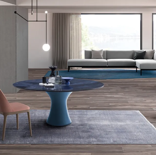 Tavolo Manhattan Rotondo My Glass con top in vetro e base centrale in legno di Devina Nais