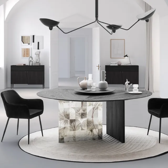 Tavolo Manhattan Slice con piano in Rovere e base in vetro con decoro e legno di Devina Nais